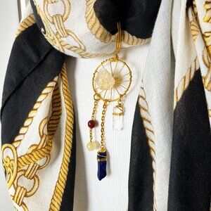 Vtg Art Noveau Gold Chain Print Scarf & Dreamcatcher w/ Gemstones Necklace Set